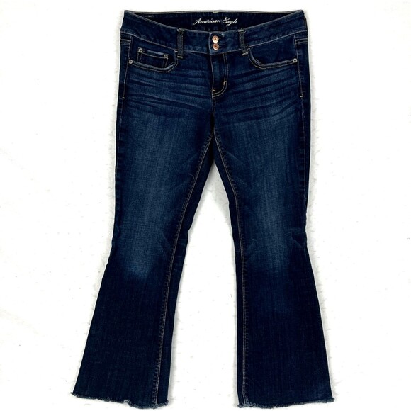 American Eagle Jeans Womens SZ12 Long DK blue Low Rise Bootcut Distressed 33x37 - Picture 3 of 9